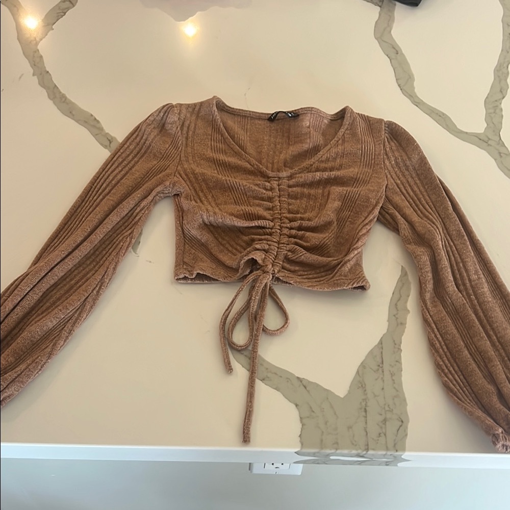 Brown Ruched Crop Blouse with Tie Front